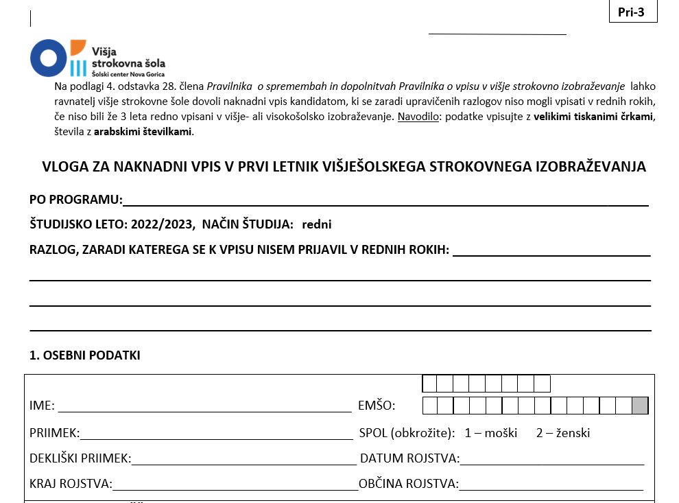 Naknadni vpis v višješolsko izobraževanje