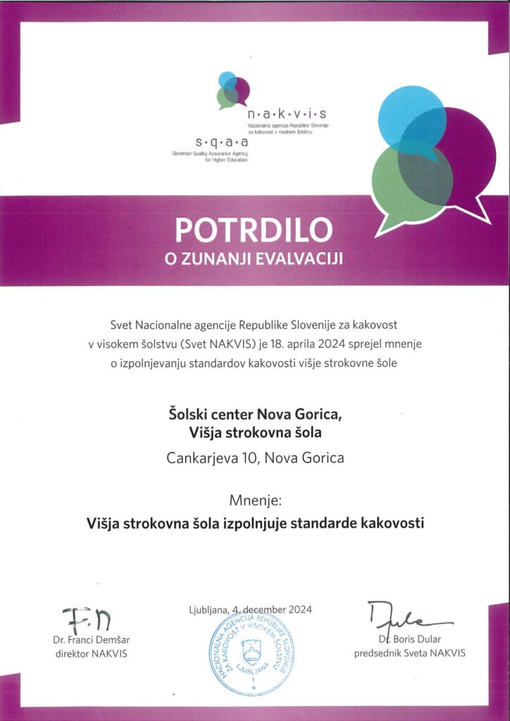 Naša VSŠ je še vedno edina javna VSŠ z diplomo za odličnost!